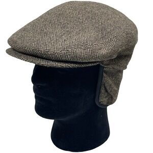 Vintage Scala Herringbone Flat Cap M Brown Wool Blend Ear Flaps Made in Italy